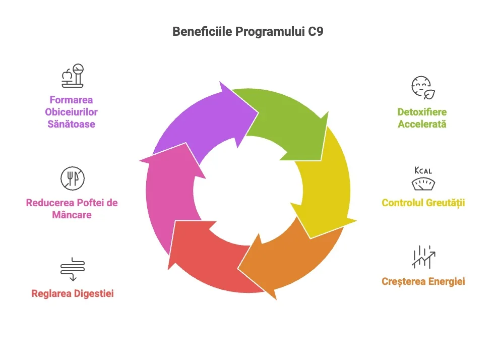 Infografic cu cele 6 beneficii ale Programului C9 (Clean 9)